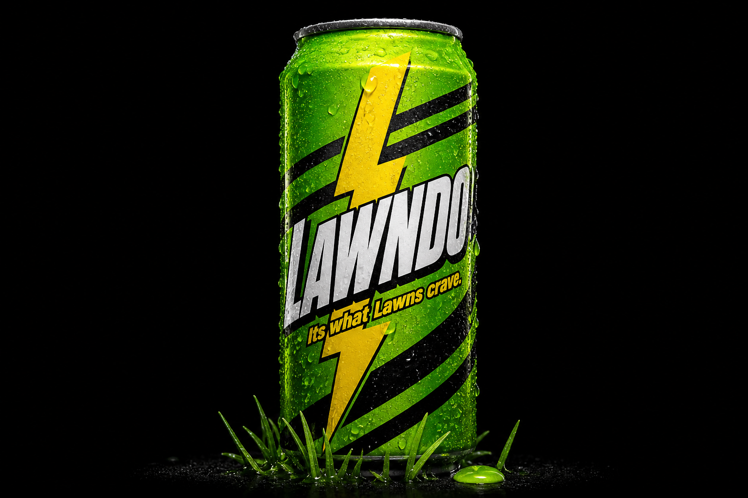 A wet LAWNDO can on black. Lime stripes, hazard-yellow bolt. It’s what lawns crave.